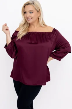 Damskie Włoski Burgundowa Bluzka z marszczonymi rękawami HENDI