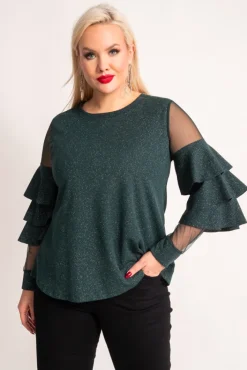 Damskie Włoski Butelkowozielona Bluzka z falbanami VELI
