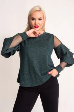 Damskie Włoski Butelkowozielona Bluzka z falbanami VELI