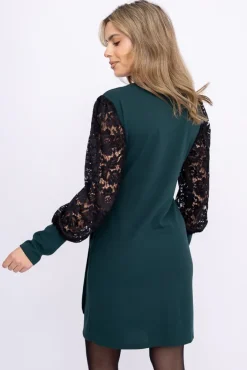Włoski Butelkowozielona Sukienka z koronkowymi rękawami GOMENA