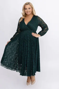 Włoski Butelkowozielona Sukienka koronkowa VERIENA