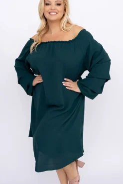 Polski Butelkowozielona Sukienka z marszczonymi rękawami ALBEGA