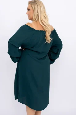 Polski Butelkowozielona Sukienka z marszczonymi rękawami ALBEGA