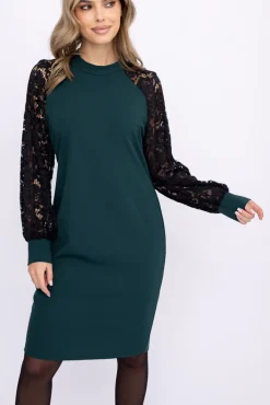 Włoski Butelkowozielona Sukienka z koronkowymi rękawami LESTER
