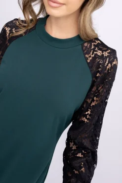 Włoski Butelkowozielona Sukienka z koronkowymi rękawami LESTER