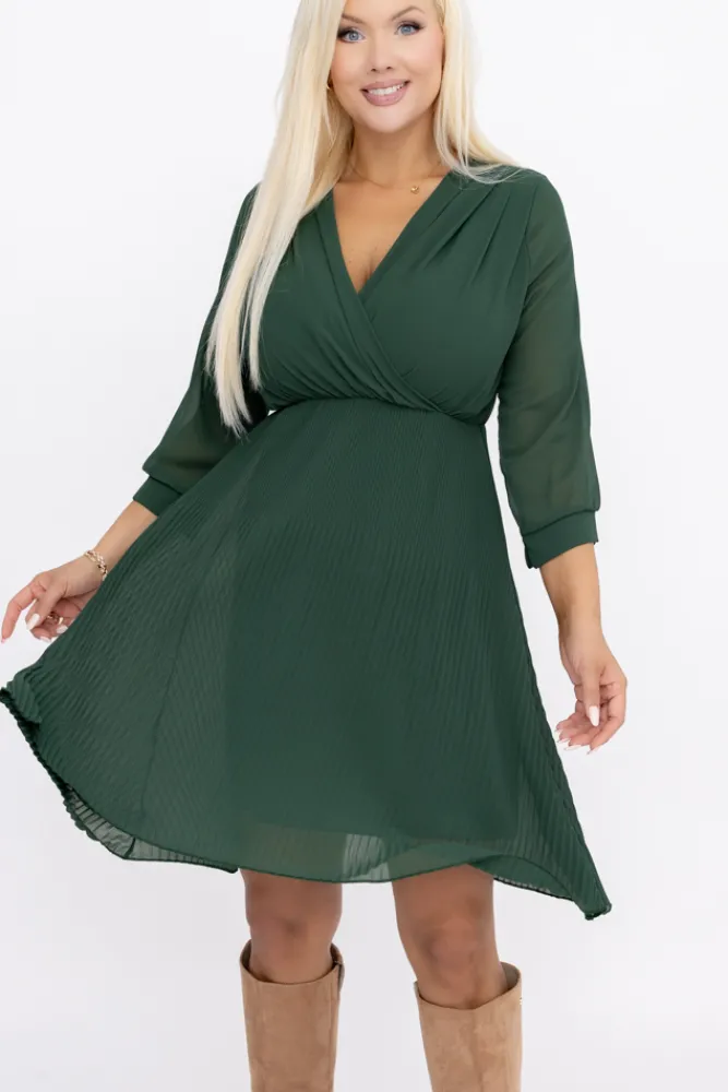 Włoski Butelkowozielona Sukienka szyfonowa plisowana UNTURI