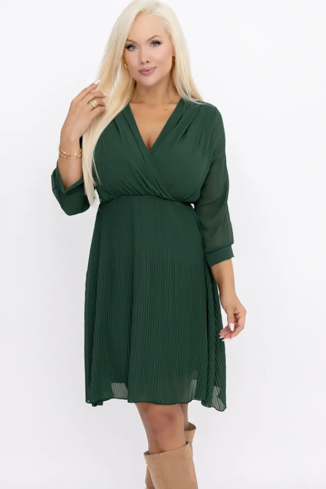 Włoski Butelkowozielona Sukienka szyfonowa plisowana UNTURI