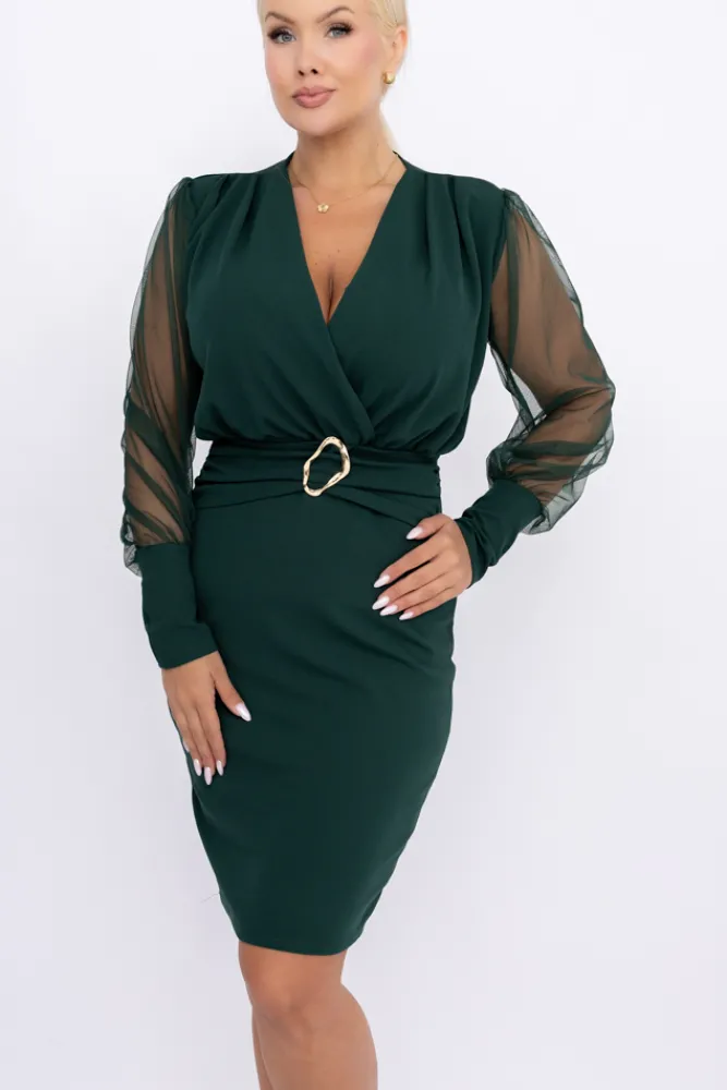Włoski Butelkowozielona Sukienka z prześwitującymi rękawami VIZENTI