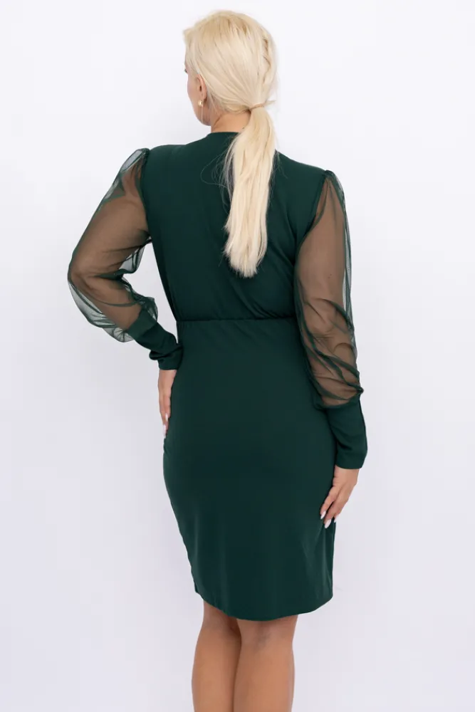 Włoski Butelkowozielona Sukienka z prześwitującymi rękawami VIZENTI