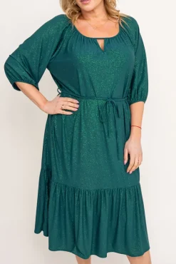 Polski Butelkowozielona Sukienka brokatowa z paskiem PENTUZI