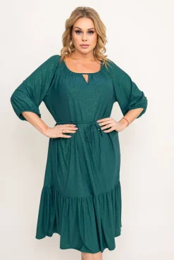 Polski Butelkowozielona Sukienka brokatowa z paskiem PENTUZI