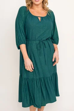 Polski Butelkowozielona Sukienka brokatowa z paskiem PENTUZI