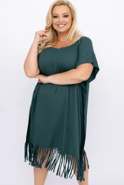 Polski Butelkowozielona Sukienka z frędzlami RIVINO