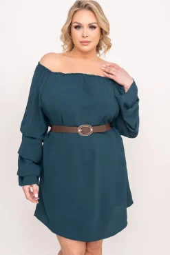 Polski Butelkowozielona Sukienka z marszczonymi rękawami LERTIA