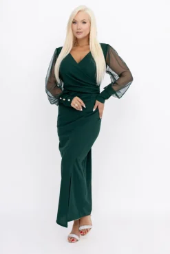 Włoski Butelkowozielona Sukienka z prześwitującymi rękawami MERVIEN