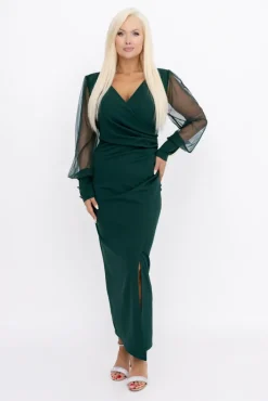 Włoski Butelkowozielona Sukienka z prześwitującymi rękawami MERVIEN