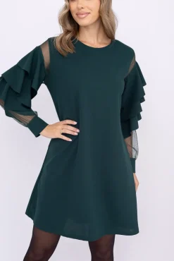 Włoski Butelkowozielona Sukienka z falbanami DARIEN