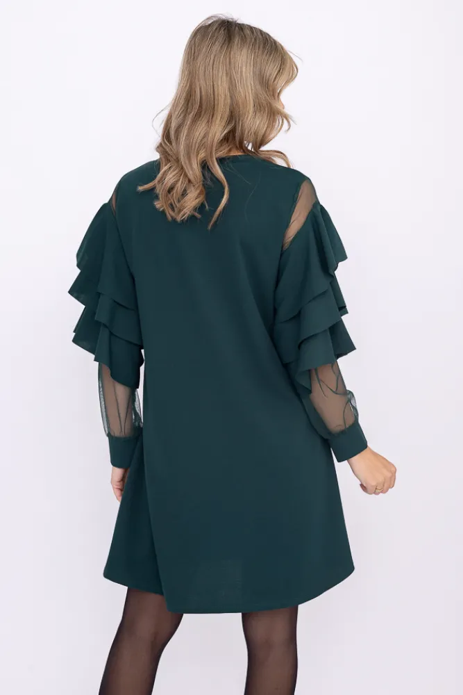 Włoski Butelkowozielona Sukienka z falbanami DARIEN