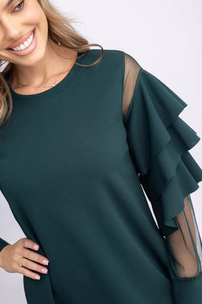 Włoski Butelkowozielona Sukienka z falbanami DARIEN