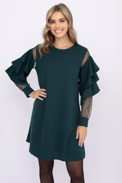 Włoski Butelkowozielona Sukienka z falbanami DARIEN