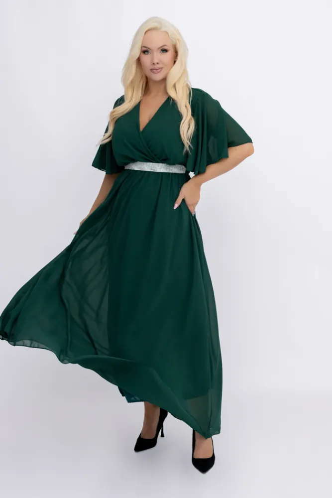 Włoski Butelkowozielona Sukienka szyfonowa z paskiem EGELI