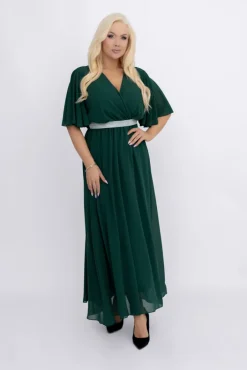 Włoski Butelkowozielona Sukienka szyfonowa z paskiem EGELI