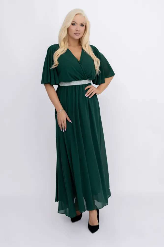 Włoski Butelkowozielona Sukienka szyfonowa z paskiem EGELI
