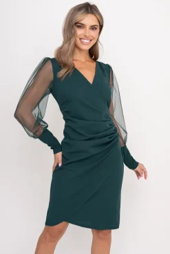 Włoski Butelkowozielona Sukienka z prześwitującymi rękawami CELLIN