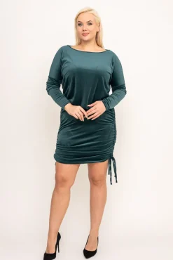 Polski Butelkowozielona welurowa Sukienka z marszczeniem VELVI