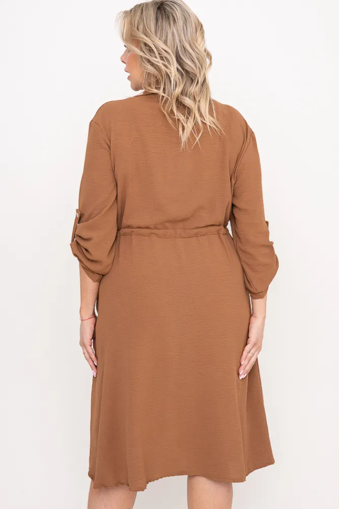 Włoski Camelowa Sukienka szmizjerka LIGUINI