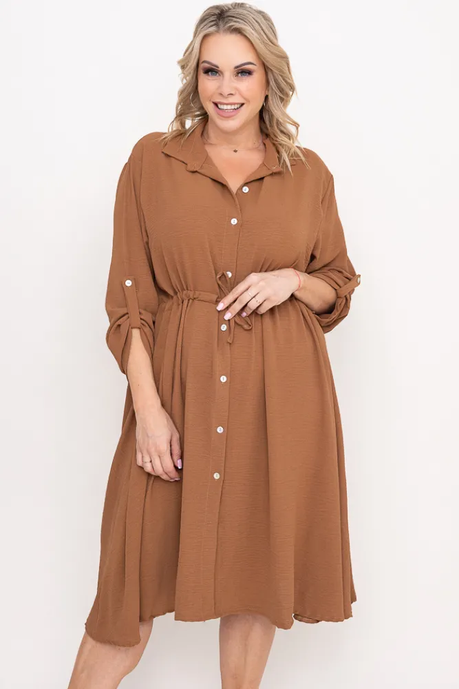 Włoski Camelowa Sukienka szmizjerka LIGUINI