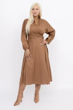 Włoski Camelowa Sukienka z wiązaniem SIMENTUI