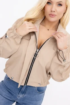 Damskie Włoski Ciemnobeżowa Kurtka z marszczeniami VASTI