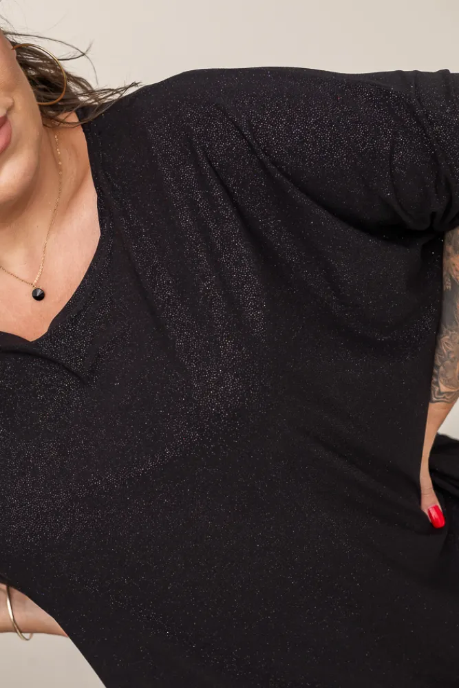 Damskie Polski Czarna Bluzka Brokatowa DEQUZI