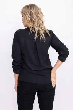 Damskie Włoski Czarna Bluzka błyszcząca z żabotem MARIVA