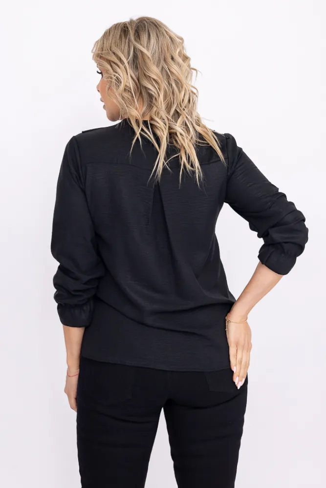 Damskie Włoski Czarna Bluzka błyszcząca z żabotem MARIVA