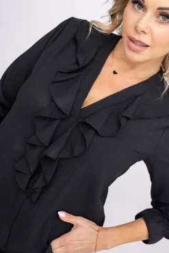 Damskie Włoski Czarna Bluzka błyszcząca z żabotem MARIVA