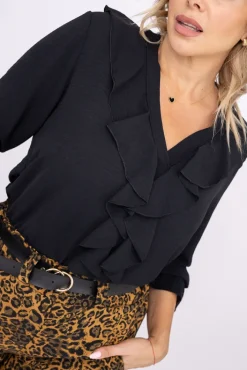 Damskie Włoski Czarna Bluzka z żabotem GENESIS