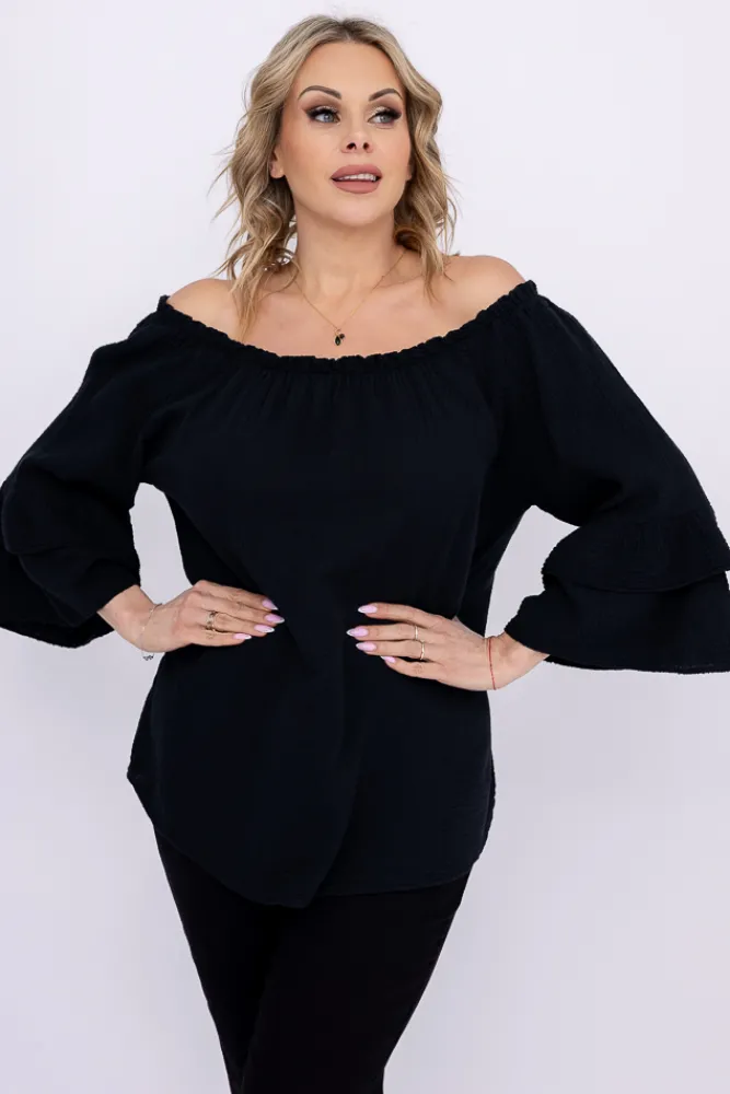 Damskie Włoski Czarna Bluzka z falbanami PARFI