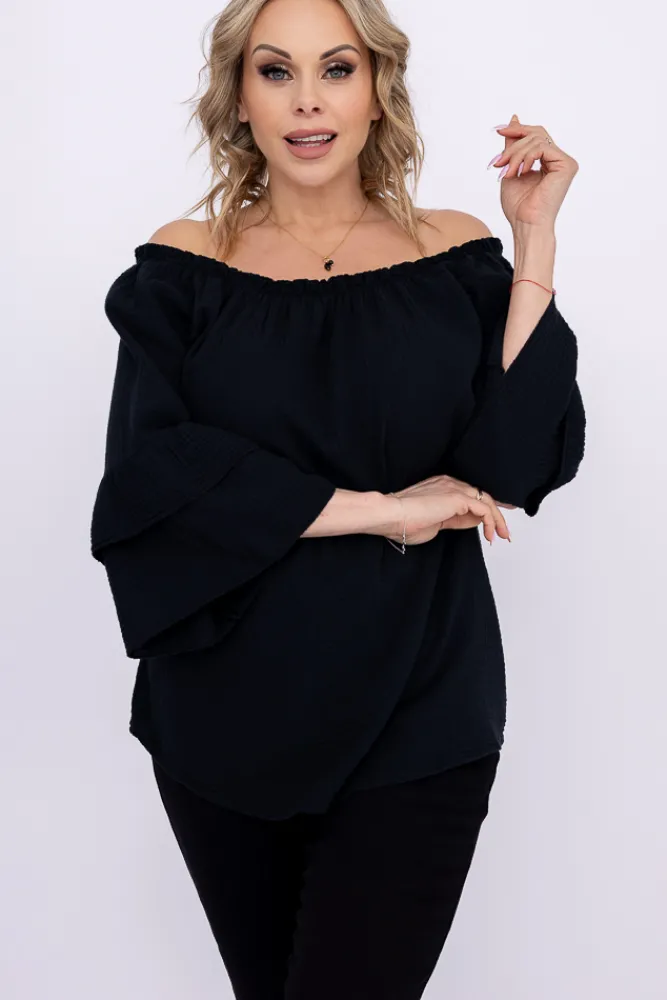 Damskie Włoski Czarna Bluzka z falbanami PARFI