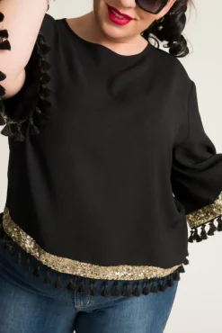 Damskie Polski Czarna Bluzka z frędzelkami GARMINA