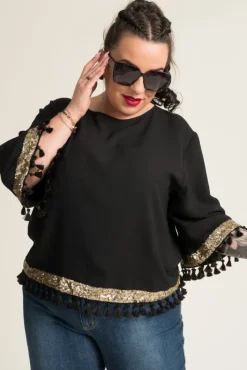 Damskie Polski Czarna Bluzka z frędzelkami GARMINA