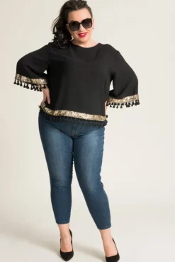 Damskie Polski Czarna Bluzka z frędzelkami GARMINA