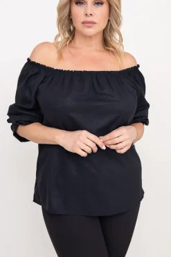 Damskie Włoski Czarna błyszcząca Bluzka z marszczonymi rękawami VENSI