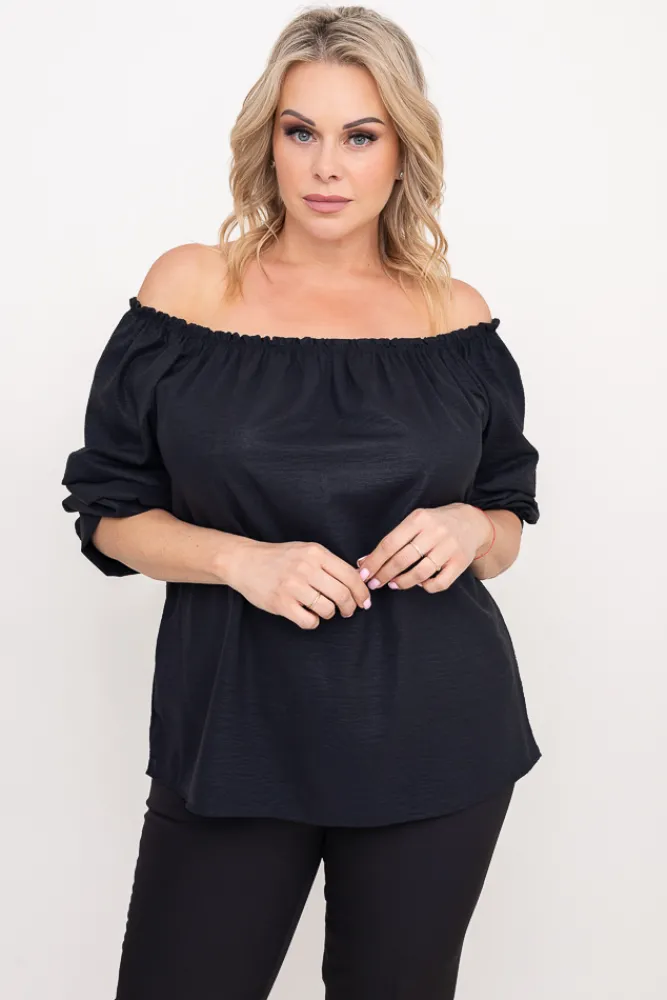 Damskie Włoski Czarna błyszcząca Bluzka z marszczonymi rękawami VENSI