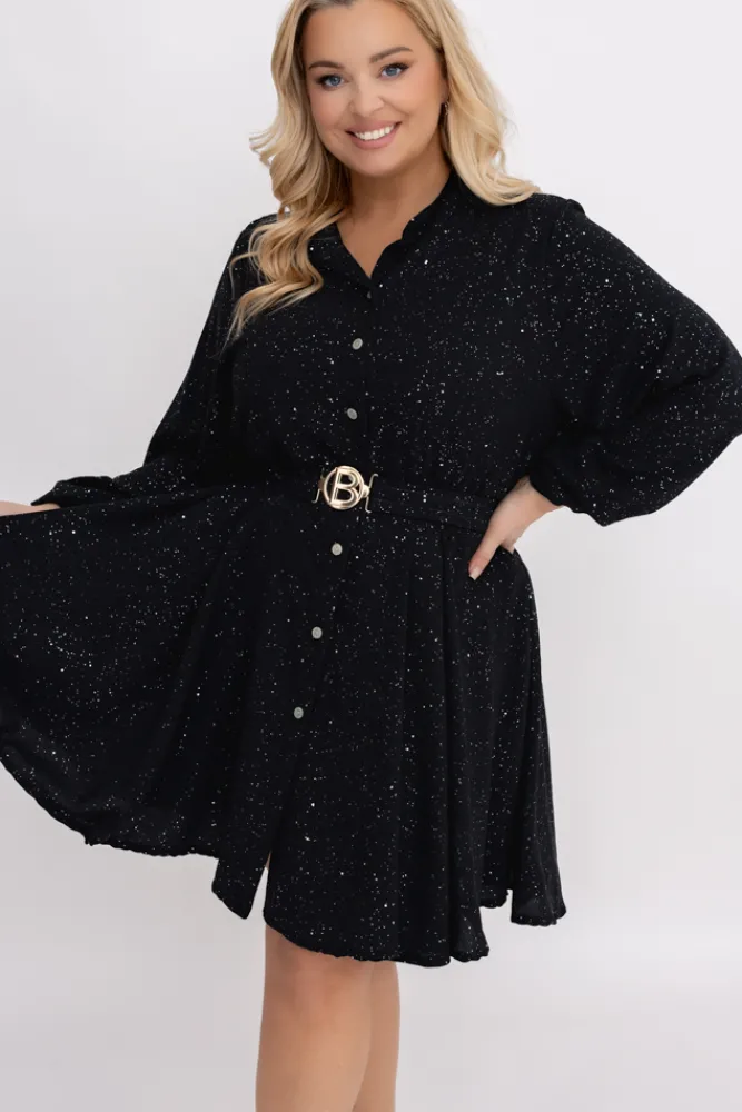 Włoski Czarna błyszcząca Sukienka z paskiem RESTORI