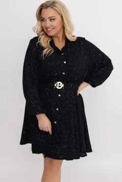 Włoski Czarna błyszcząca Sukienka z paskiem RESTORI