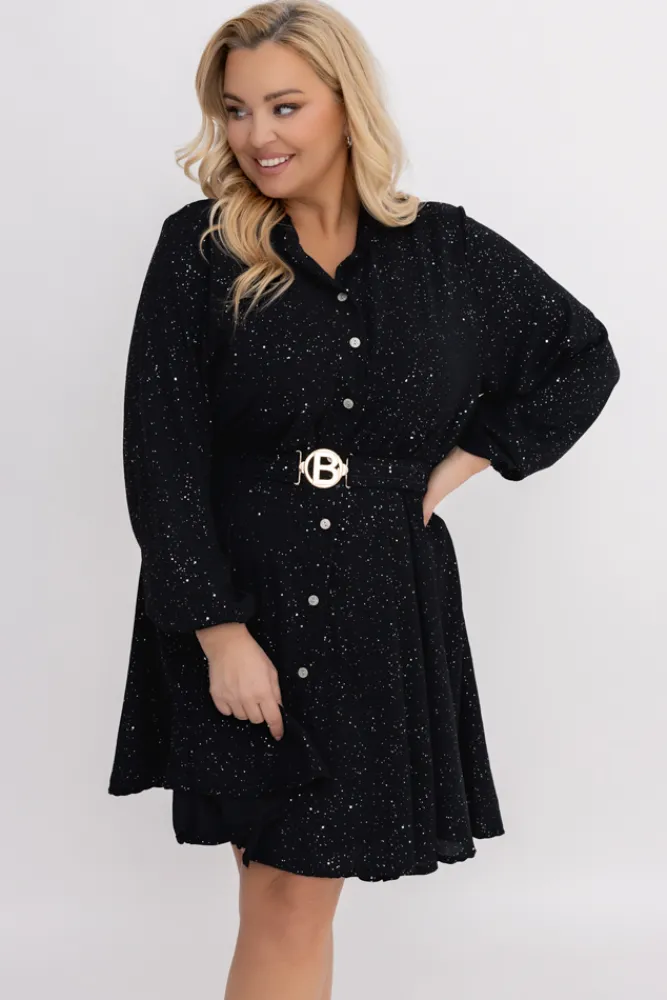 Włoski Czarna błyszcząca Sukienka z paskiem RESTORI