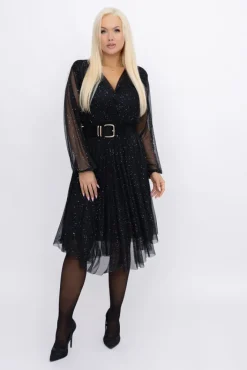 Włoski Czarna błyszcząca Sukienka siateczkowa SAPRI