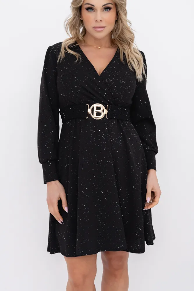 Włoski Czarna błyszcząca Sukienka z paskiem SARMANIA